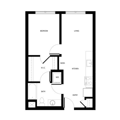 Floor plan for 1 bed, 1 bath, 586 sqft